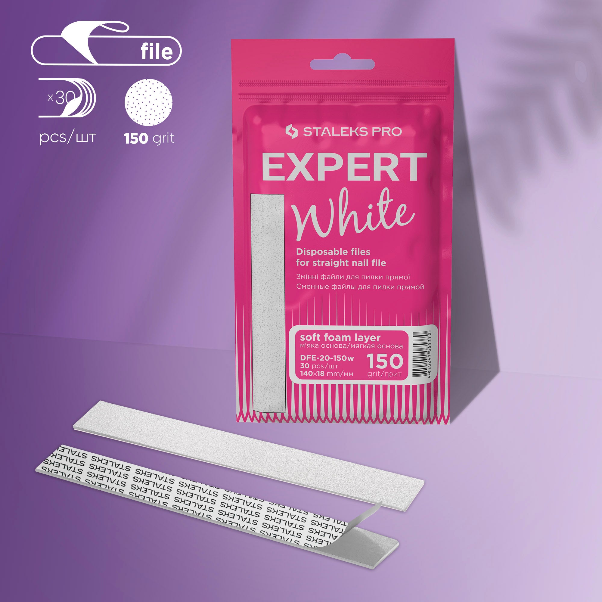 STALEKS Disposable white files for straight nail file on a soft foam layer EXPERT 20 150 grit (30 pcs)