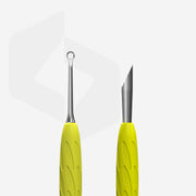 Manicure pusher Gummy with yellow silicone handle UNIQ 11 TYPE 2 (beveled and loop pusher)