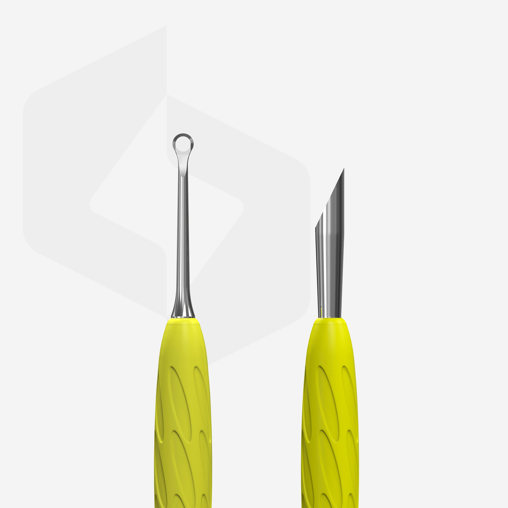 Manicure pusher Gummy with yellow silicone handle UNIQ 11 TYPE 2 (beveled and loop pusher)