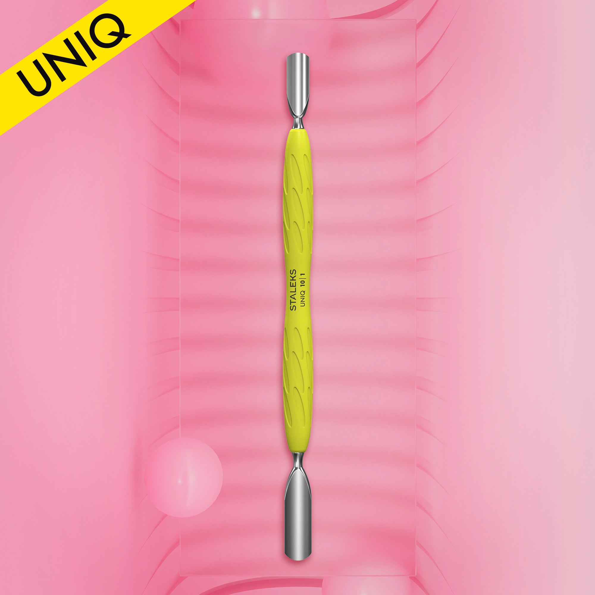 Manicure pusher Gummy with yellow silicone handle UNIQ 10 TYPE 1 (rounded wide and rounded narrow pusher)