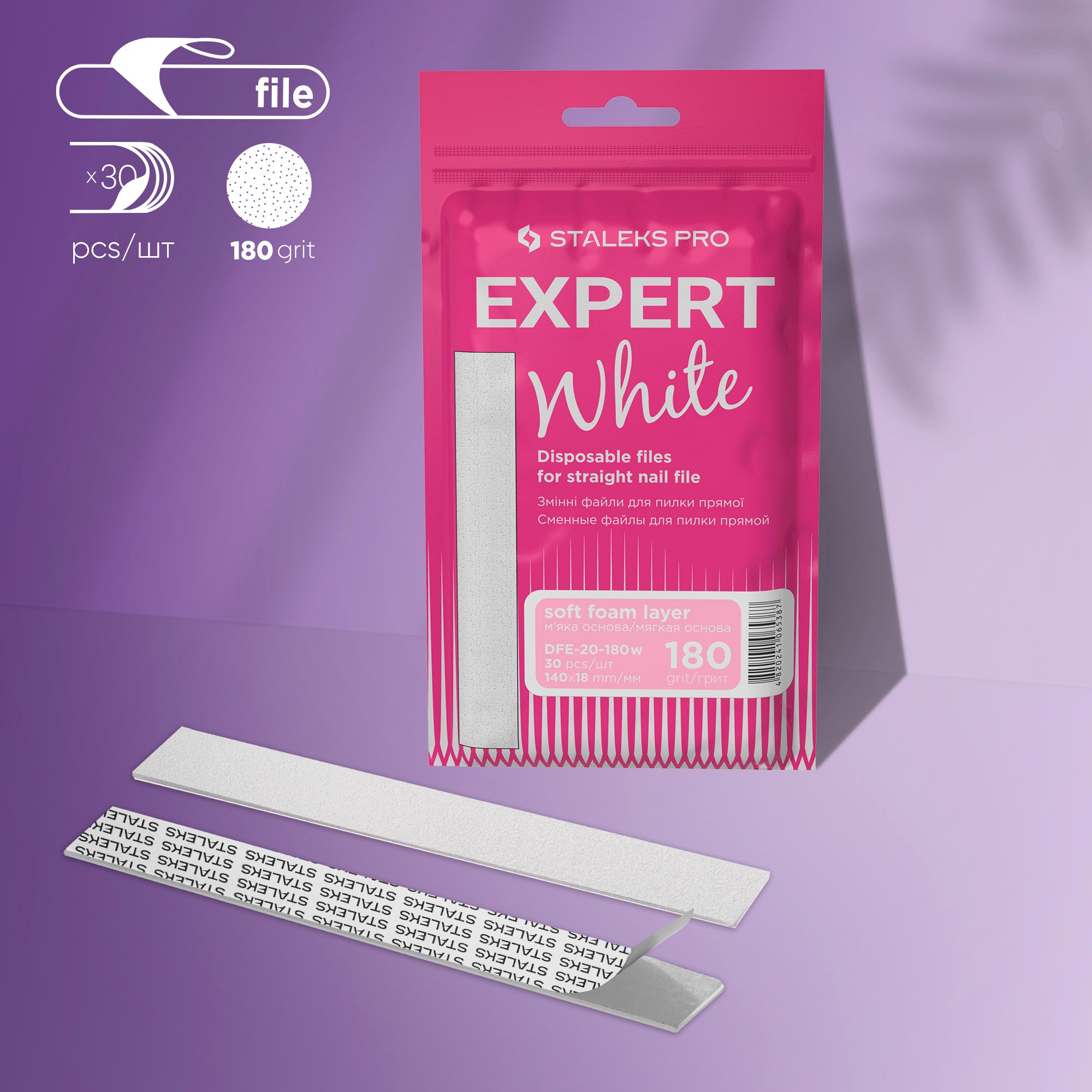 STALEKS Disposable white files for straight nail file on a soft foam layer EXPERT 20 180 grit (30 pcs)