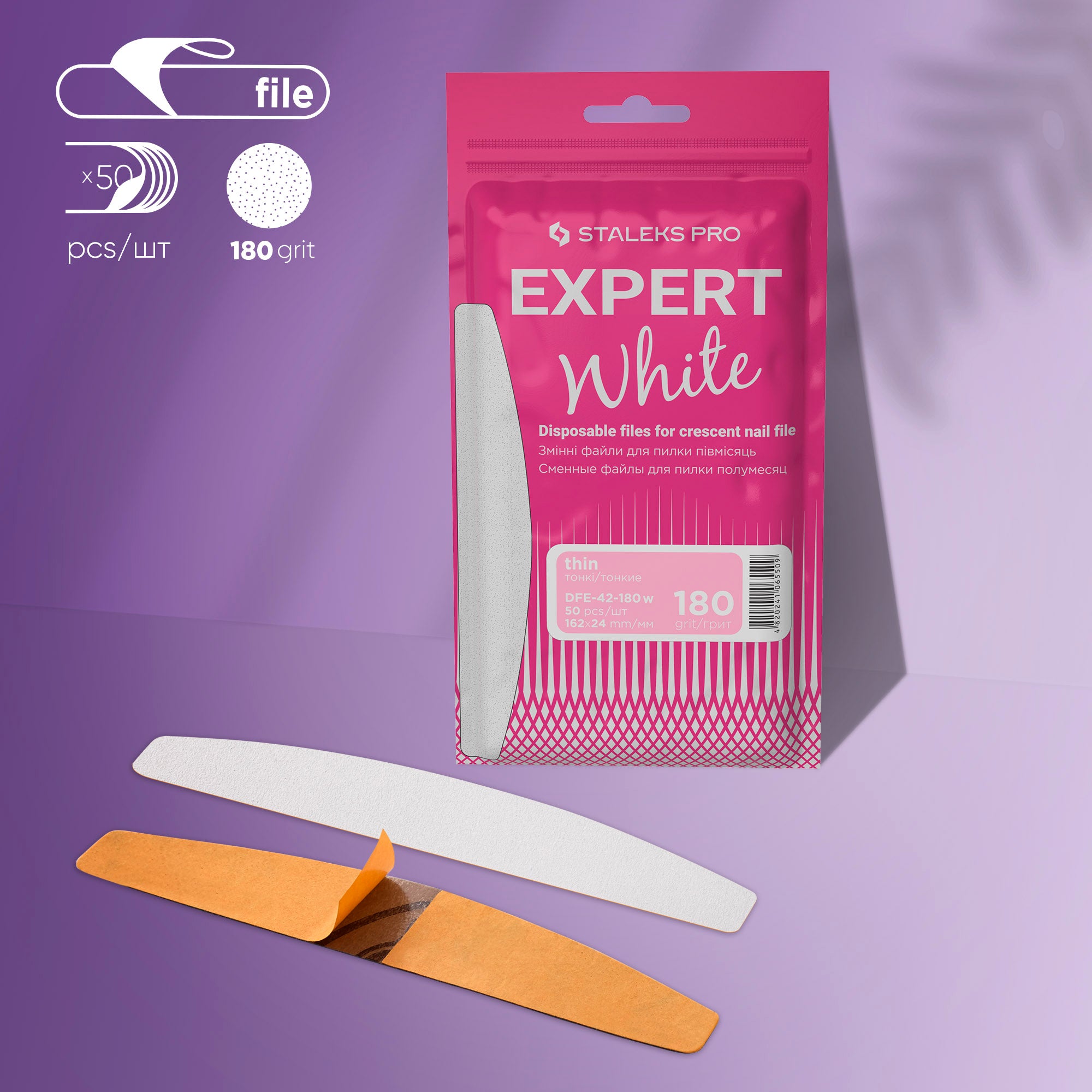 STALEKS Disposable white files for crescent nail file EXPERT 42 180 grit (50 pcs)